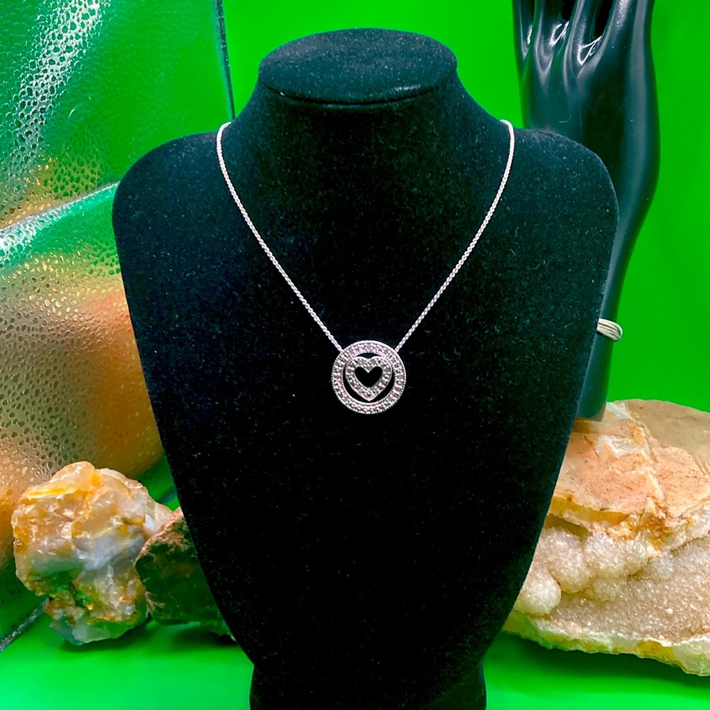Silver Sterling Heart Circle Pendant Necklace  tiny Diamond accents